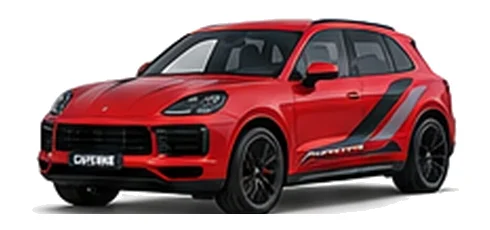 Porsche Cayenne in Guards Red with Porsche motorsport vinyl graphics, front three-quarter view on a white background.