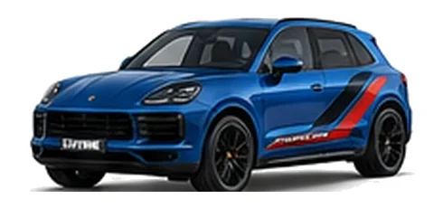 Porsche Cayenne in Gentian Blue Metallic with custom vinyl graphics, front three-quarter view.