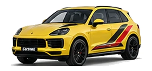 Porsche Cayenne in Racing Yellow with custom vinyl graphics, front three-quarter view.