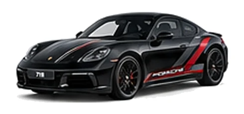 Porsche Cayman in Jet Black Metallic with custom vinyl graphics, front three-quarter view.