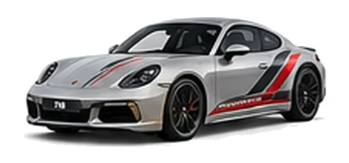 Porsche Cayman in GT Silver Metallic with custom vinyl graphics, front three-quarter view.