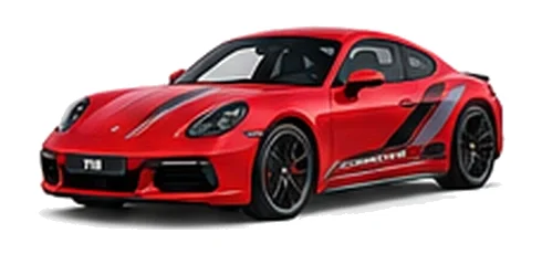 Porsche Cayman in Guards Red with custom vinyl graphics, front three-quarter view.