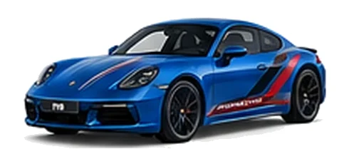 Porsche Cayman in Gentian Blue Metallic with custom vinyl graphics, front three-quarter view.