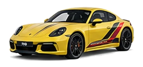 Porsche Cayman in Racing Yellow with custom vinyl graphics, front three-quarter view.