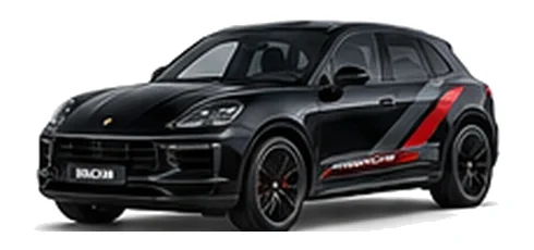 Porsche Macan in Jet Black Metallic with custom vinyl graphics, front three-quarter view.