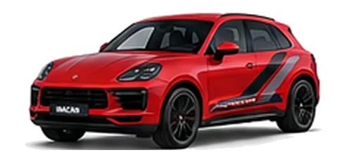 Porsche Macan in Guards Red with Porsche motorsport vinyl graphics, front three-quarter view on a white background.