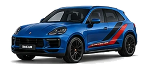 Porsche Macan in Gentian Blue Metallic with custom vinyl graphics, front three-quarter view.