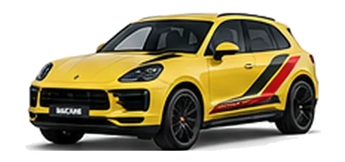 Porsche Macan in Racing Yellow with custom vinyl graphics, front three-quarter view.