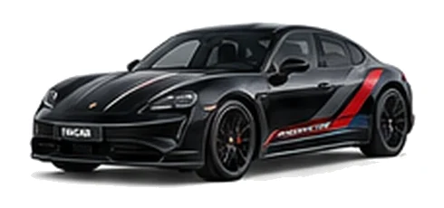 Porsche Taycan in Jet Black Metallic with custom vinyl graphics, front three-quarter view.