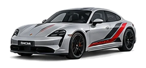 Porsche Taycan in GT Silver Metallic with custom vinyl graphics, front three-quarter view.