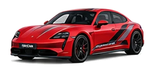 Porsche Taycan in Guards Red with Porsche motorsport vinyl graphics, front three-quarter view on a white background.
