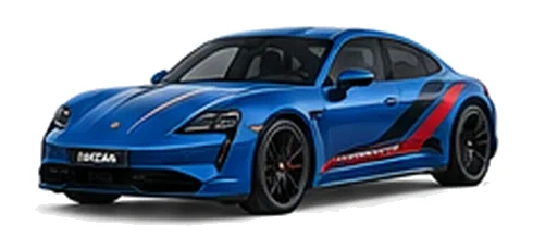 Porsche Taycan in Gentian Blue Metallic with custom vinyl graphics, front three-quarter view.
