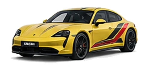 Porsche Taycan in Racing Yellow with custom vinyl graphics, front three-quarter view.