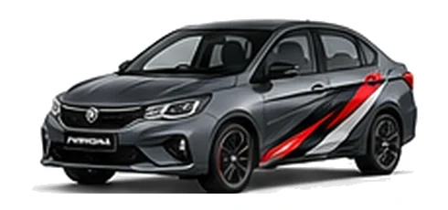 Proton Persona in Gunmetal Grey with custom vinyl graphics, front three-quarter view.