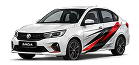 Proton Saga in Solid White with custom vinyl graphics, front three-quarter view.