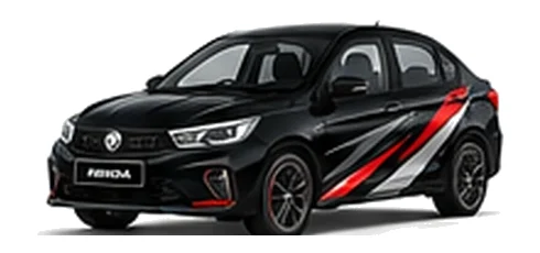 Proton Saga in Jet Black with custom vinyl graphics, front three-quarter view.