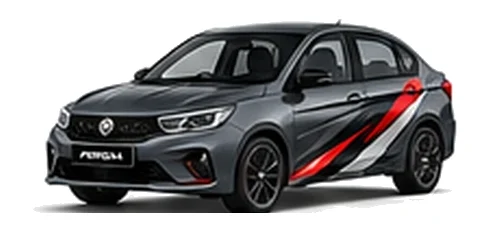 Proton Saga in Gunmetal Grey with custom vinyl graphics, front three-quarter view.
