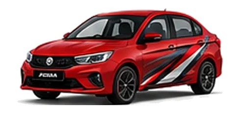 Proton Saga in Passion Red with custom vinyl graphics, front three-quarter view.