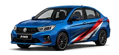 Proton Saga in Cobalt Blue with custom vinyl graphics, front three-quarter view.