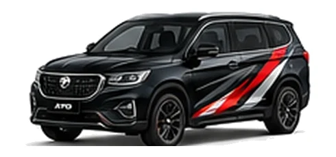 Proton X30 in Jet Black with custom vinyl graphics, front three-quarter view.