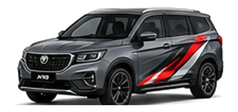 Proton X30 in Gunmetal Grey with custom vinyl graphics, front three-quarter view.
