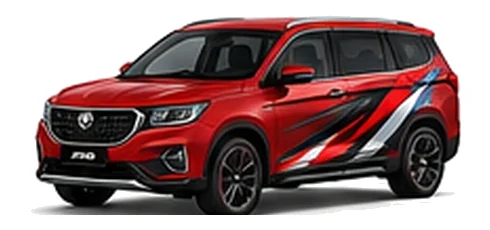 Proton X30 in Passion Red with custom vinyl graphics, front three-quarter view.