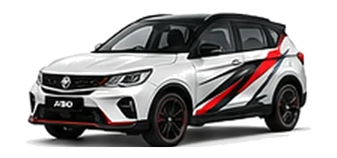 Proton X50 in Solid White with custom vinyl graphics, front three-quarter view.
