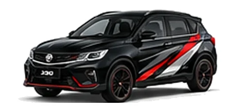 Proton X50 in Jet Black with custom vinyl graphics, front three-quarter view.