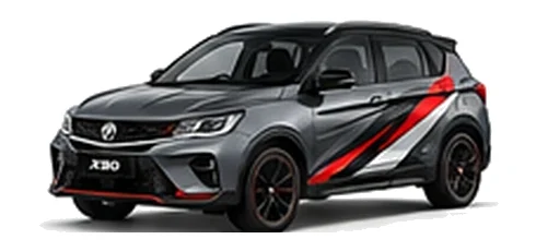 Proton X50 in Gunmetal Grey with custom vinyl graphics, front three-quarter view.
