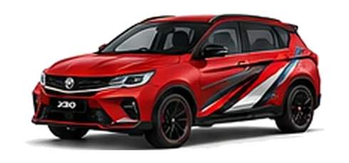 Proton X50 in Passion Red with custom vinyl graphics, front three-quarter view.