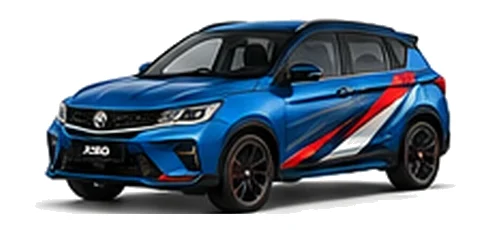 Proton X50 in Cobalt Blue with custom vinyl graphics, front three-quarter view.