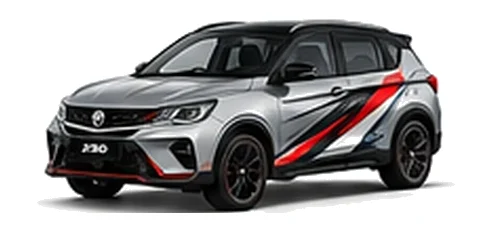 Proton X50 in Sterling Silver with custom vinyl graphics, front three-quarter view.