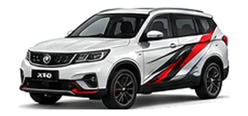 Proton X70 in Solid White with custom vinyl graphics, front three-quarter view.