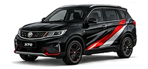 Proton X70 in Jet Black with custom vinyl graphics, front three-quarter view.