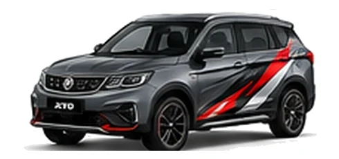 Proton X70 in Gunmetal Grey with custom vinyl graphics, front three-quarter view.