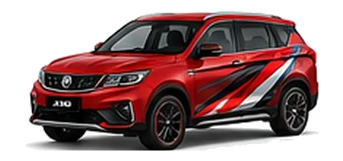 Proton X70 in Passion Red with custom vinyl graphics, front three-quarter view.