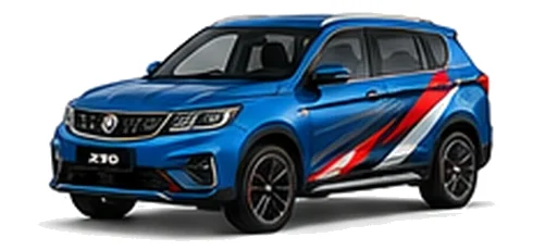 Proton X70 in Cobalt Blue with custom vinyl graphics, front three-quarter view.