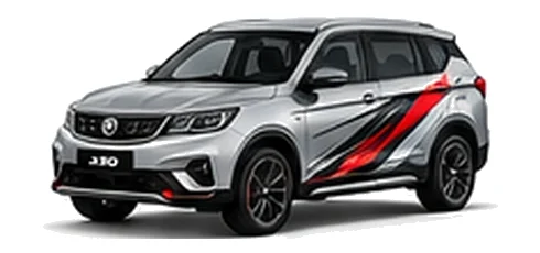 Proton X70 in Sterling Silver with custom vinyl graphics, front three-quarter view.