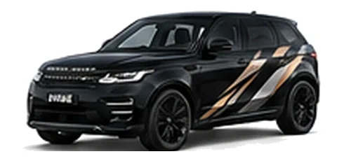 Range Rover Range Rover Evoque in Santorini Black with custom vinyl graphics, front three-quarter view.