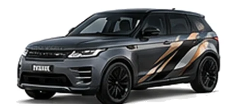 Range Rover Range Rover Evoque in Carpathian Grey with custom vinyl graphics, front three-quarter view.