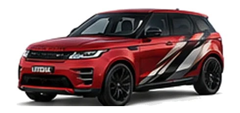 Range Rover Range Rover Evoque in Firenze Red with custom vinyl graphics, front three-quarter view.