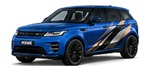 Range Rover Range Rover Evoque in Velocity Blue with custom vinyl graphics, front three-quarter view.