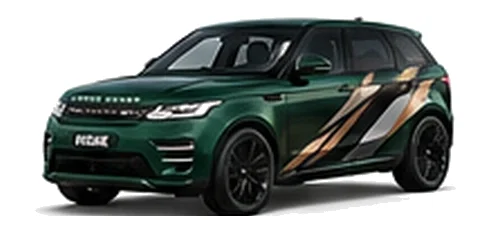 Range Rover Range Rover Evoque in Belgravia Green with custom vinyl graphics, front three-quarter view.