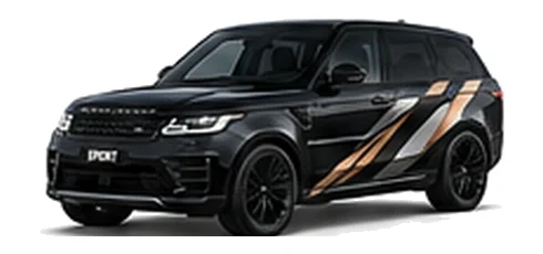 Range Rover Range Rover Sport in Santorini Black with luxury off-road vinyl graphics, front three-quarter view on a white background.