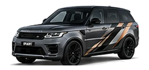 Range Rover Range Rover Sport in Carpathian Grey with custom vinyl graphics, front three-quarter view.