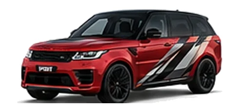 Range Rover Range Rover Sport in Firenze Red with custom vinyl graphics, front three-quarter view.