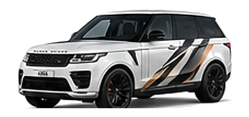 Range Rover Range Rover Sport SVR in Fuji White with custom vinyl graphics, front three-quarter view.