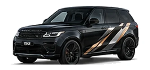 Range Rover Range Rover Sport SVR in Santorini Black with custom vinyl graphics, front three-quarter view.