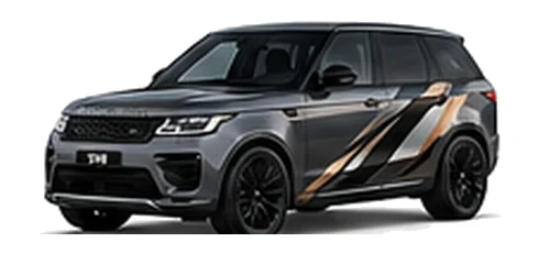 Range Rover Range Rover Sport SVR in Carpathian Grey with custom vinyl graphics, front three-quarter view.
