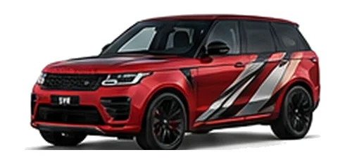 Range Rover Range Rover Sport SVR in Firenze Red with custom vinyl graphics, front three-quarter view.